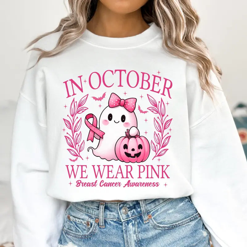 "In October We Wear Pink" T-Shirt - Retro Breast Cancer Awareness & Halloween Tee